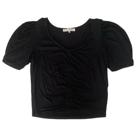 Frame Agnes Jersey Knit Top Blouse Puff Sleeve Ruched Shirred Black V Neck S - Picture 6 of 12